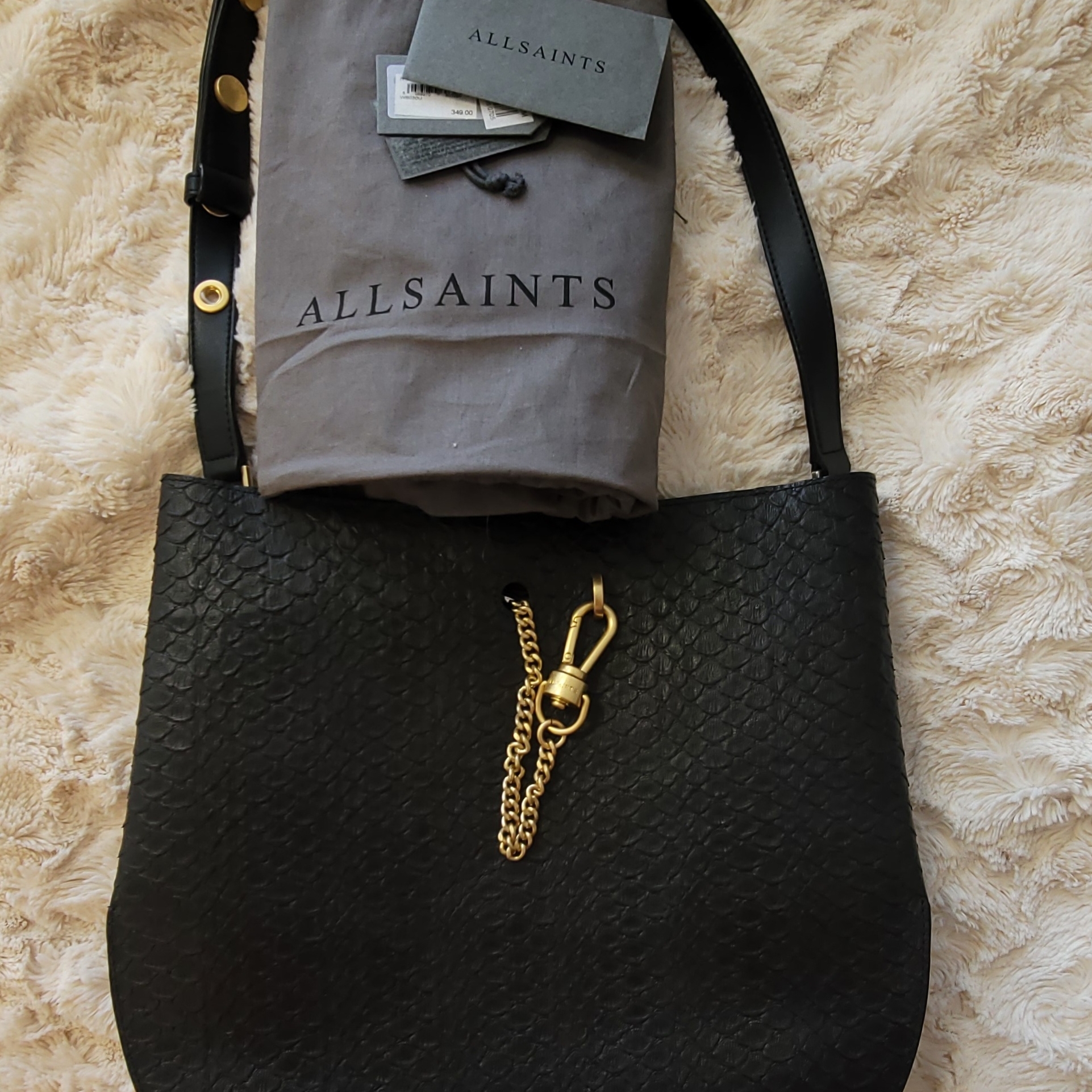 Allsaints Black Beaumont Snake Embossed Leather Hobo Bag